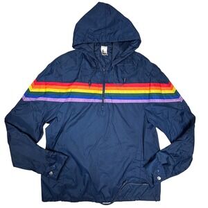 BOG rainbow stripe anorak jacket navy blue hooded pullover lightweight M